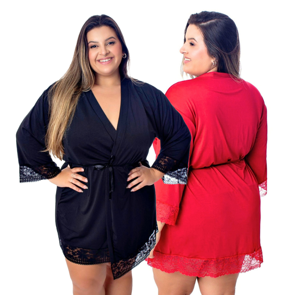 Kit 2 Robes Sensual Plus Size com Manga Média Feito em Microfibra Detalhes em Renda para Noivas