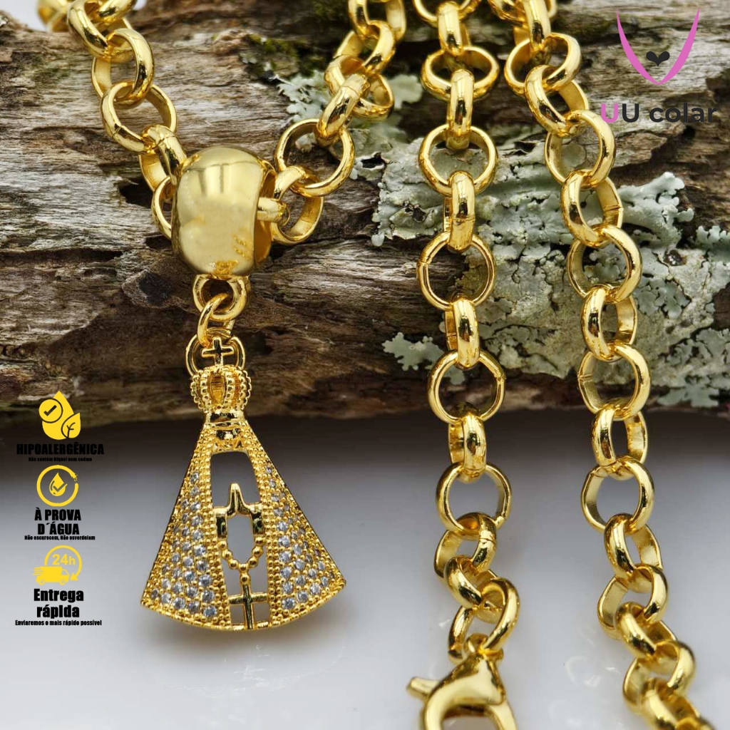 Colar Feminino com Pingente de Nossa Senhora Aparecida Banhado a Ouro 18K, Cravejado de Zircônias