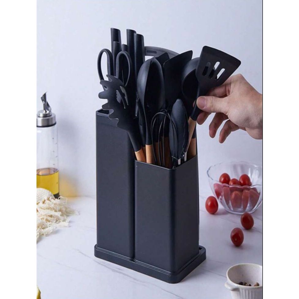 Kit Completo Jogo Utensílios de Cozinha Luxo 19 Peças Com Tábua em Silicone Espátula Faca Tesoura