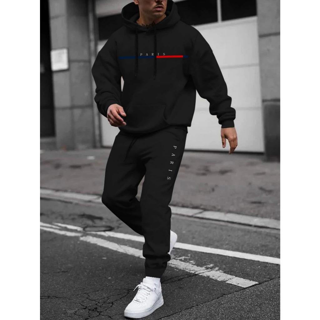 Conjunto Blusa de Frio Casaco Esporte Canguru Paris Com Bolso Capuz + Calça Paris Moletom ...