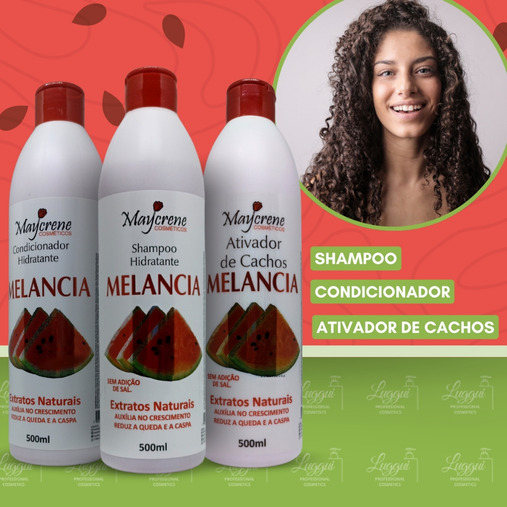 Kit Melancia Redução de Caspa (Shampoo, Condicionador e Ativador de Cachos) Aroma Frutado Maycrene