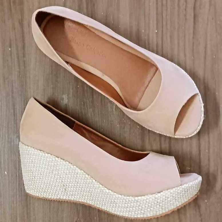 Sandália Feminina Anabela Peep Toe Fechada Plataforma  Salto baixo 7cm Nude Novidade Promoção