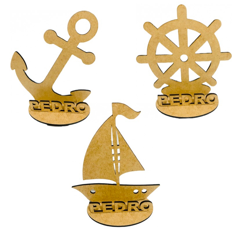 kit 10 ou 05 Centro de Mesa Náutico Barco, Timoneiro e Âncora, Lembrancinha Personalizado Com Nomes em MDF