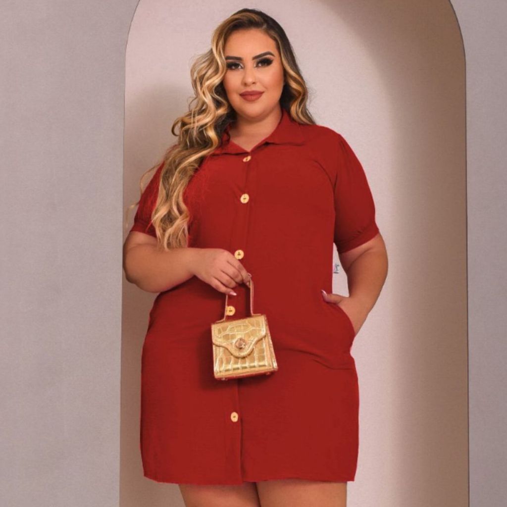 Vestido Chemise Feminino Plus Size/Curve Tamanho Grande Moda Maior Fresquinha Com Bolso Casual