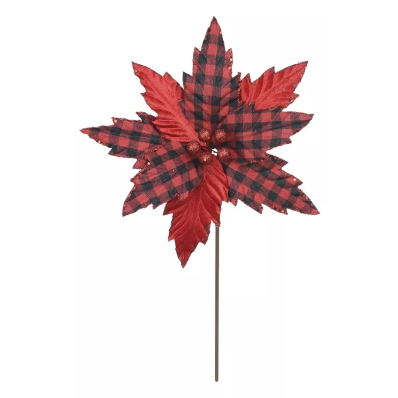 Flor Natalina Bico De Papagaio Veludo Xadrez Vermelho Preto