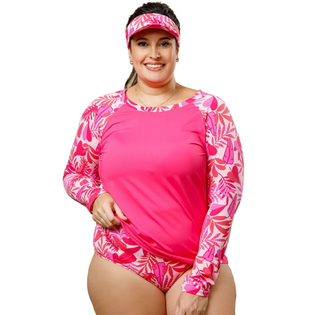 Conjunto 3 Peças Plus Size Blusa Uv + Calcinha Hotpant + Viseira Praia Beach Tenis Piscina
