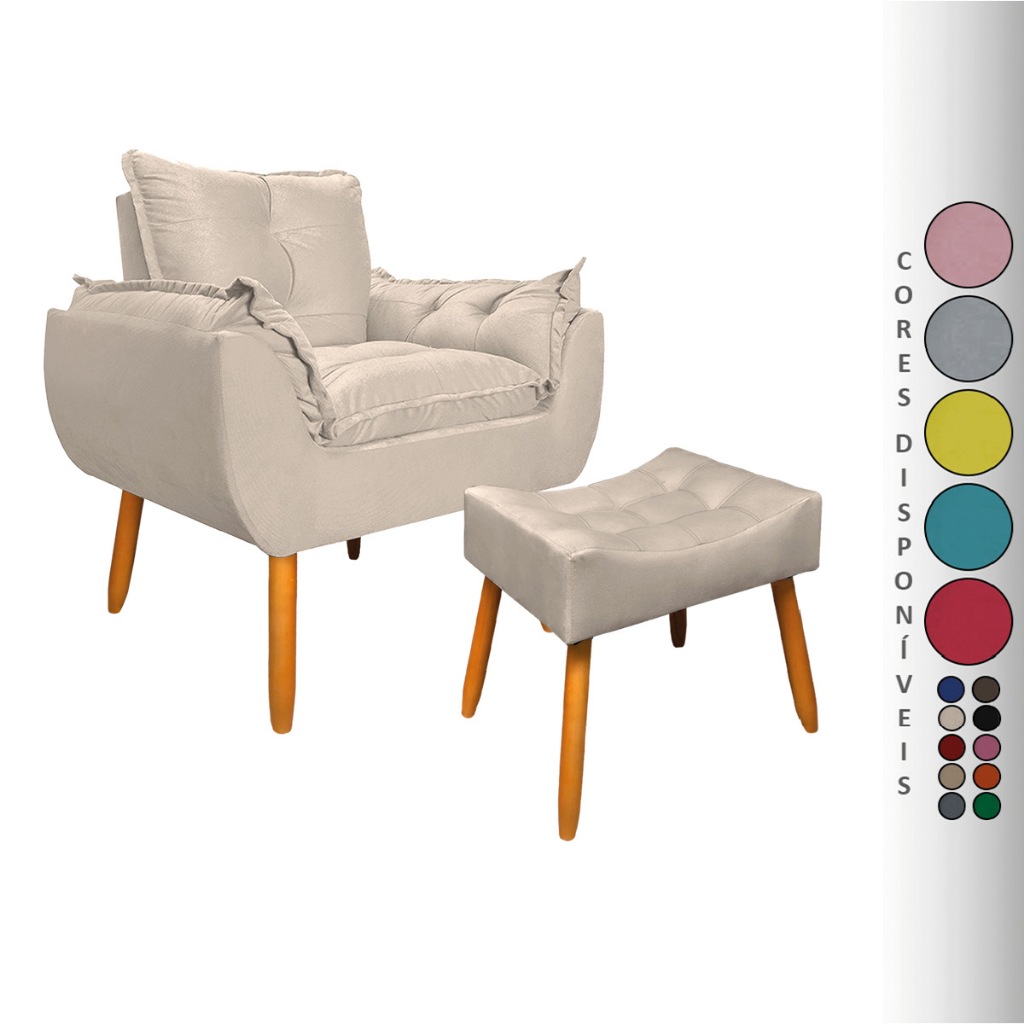 Kit Poltrona Decorativa Opala e Puff Requinte com Pés Palito Suede Aninha Decor