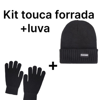 Kit Touca Forrada Sport + Luva Adulto Unissex Básica Lã Preta Inverno