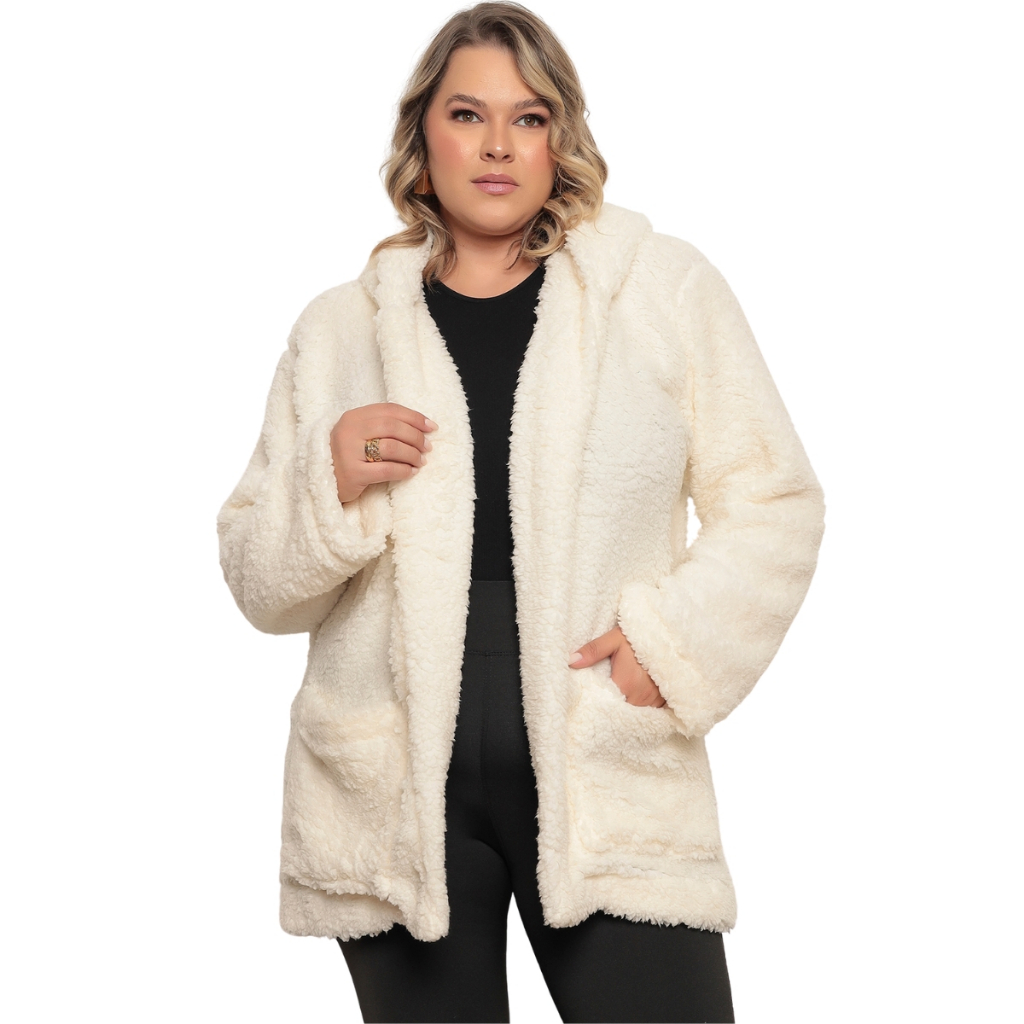 Casaco Plus Size Teddy Longo Pelinho Pelucia Capuz