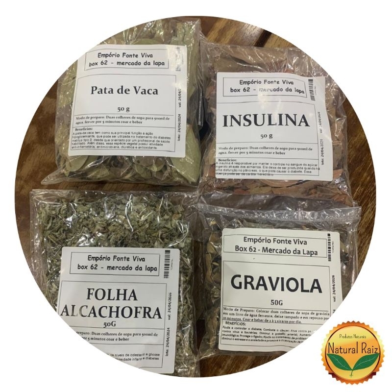 kit 4 Ervas que auxiliam no equilibrio da Glicose - Insulina, Pata De Vaca, Graviola, Alcachofra