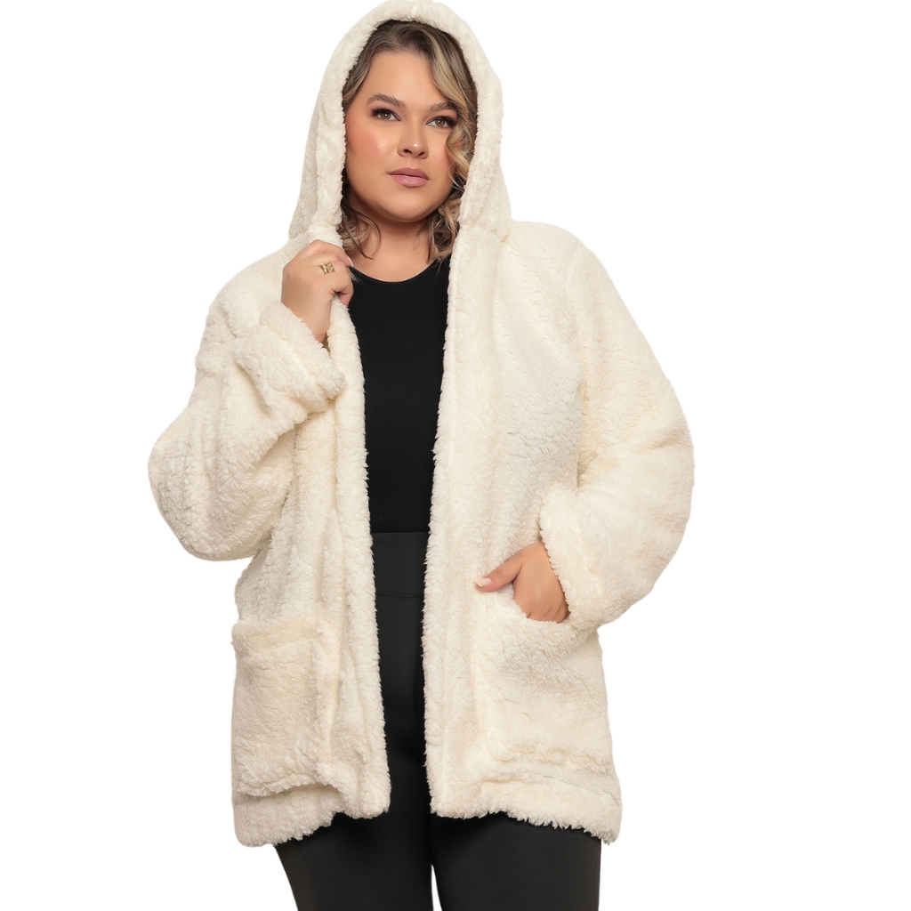 Sobretudo Teddy Plus Size Feminino de Pelo Carneiro