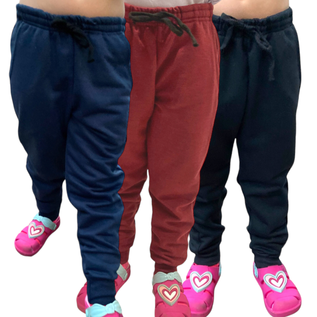 Kit 3 Calça de Moletom Pelucida Infantil e Juvenil Unissex Com Bolso para Meninos e Meninas Inverno
