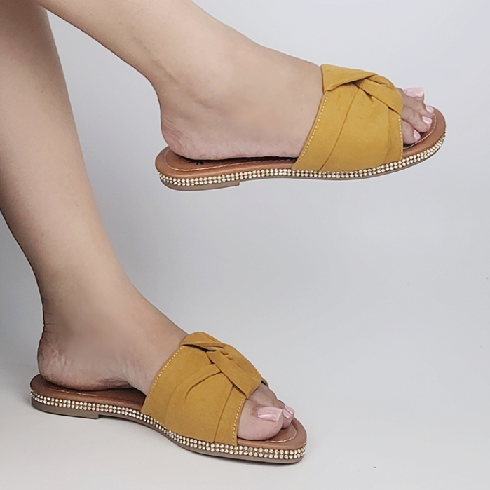 Rasteira Nó Camurça Sandália Feminina Amarelo..Mostarda Strass Moda Rasteirinha Confortável Flatform