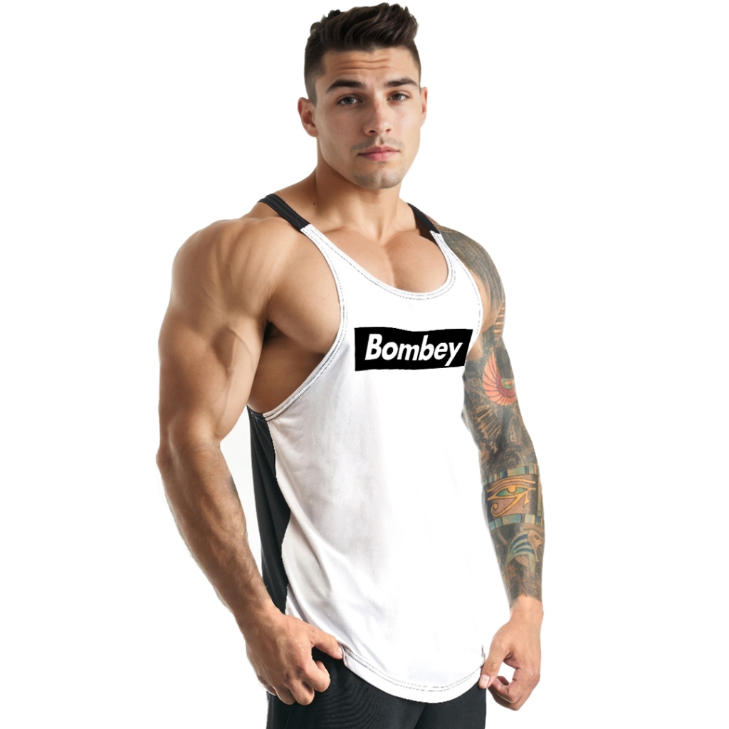 Regata Cavada Masculina em Dry Fit Logo Bombey com Costas Preta Academia - Bombey