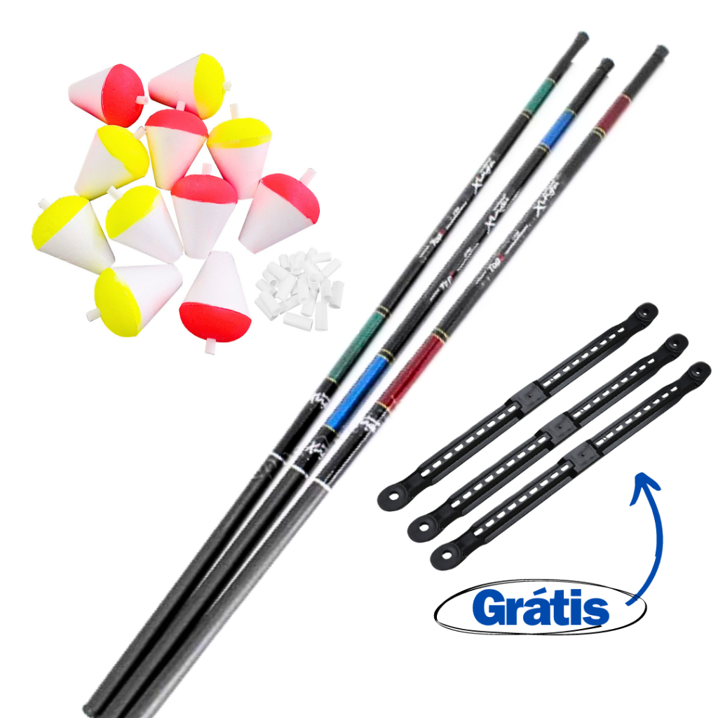 Kit Pescaria 3 Varas Telescópica 2,70m + 10 Boias Isopor Lambari + Enrolador de Linha + Capa Transporte Caniço Pesca Fibra Vidro Carbono Pesqueiro Tilápia Piau Barato Promoção