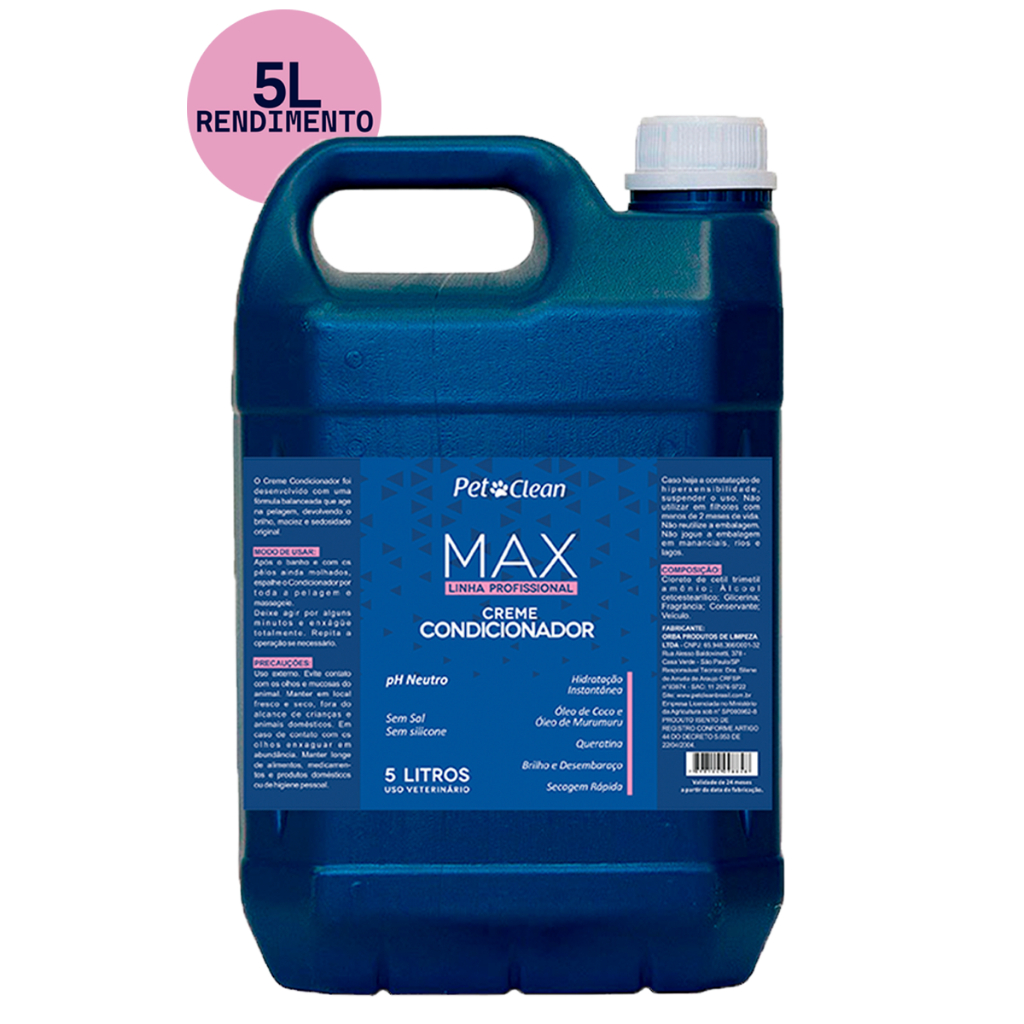 Creme Condicionador Pet Shop Banho Cachorro e Gato Linha Max Profissional Premium 5 Litros PetClean