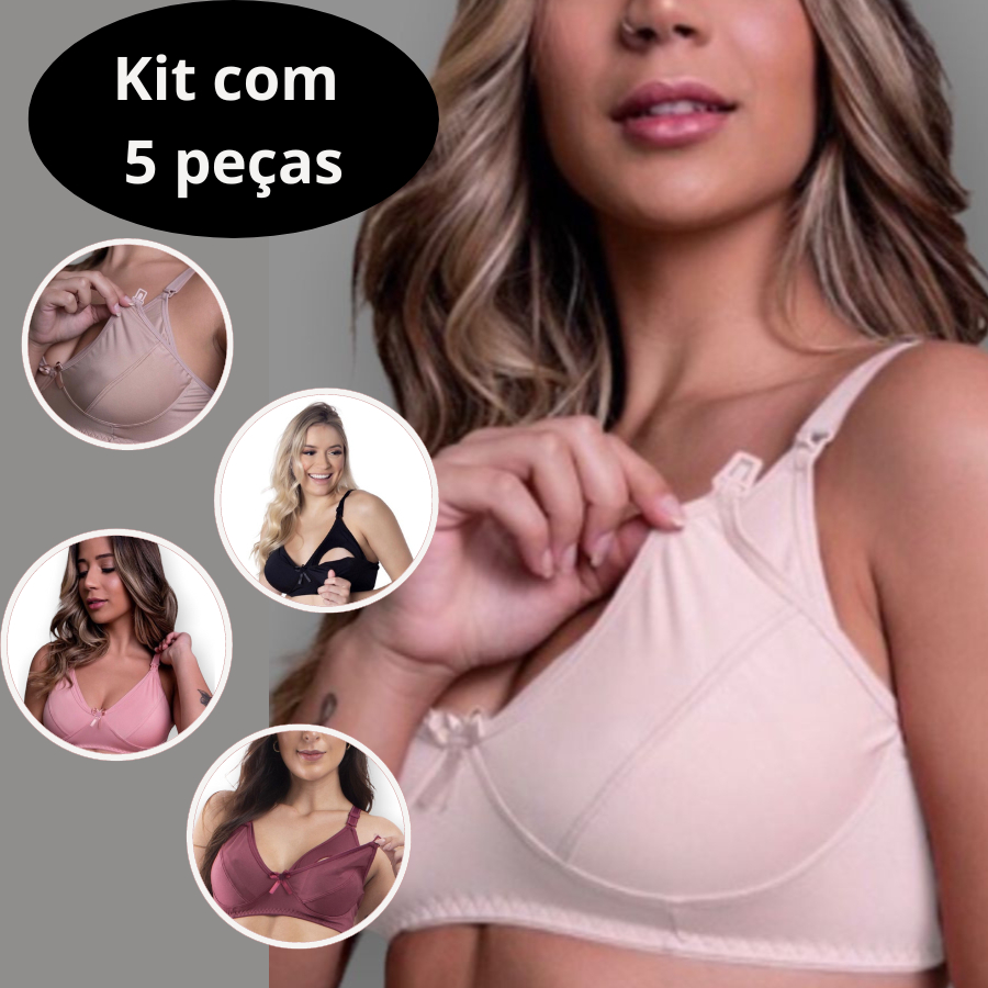 kit 5 Sutiã Amamentação em Microfibra de Poliéster Pós Parto confortável