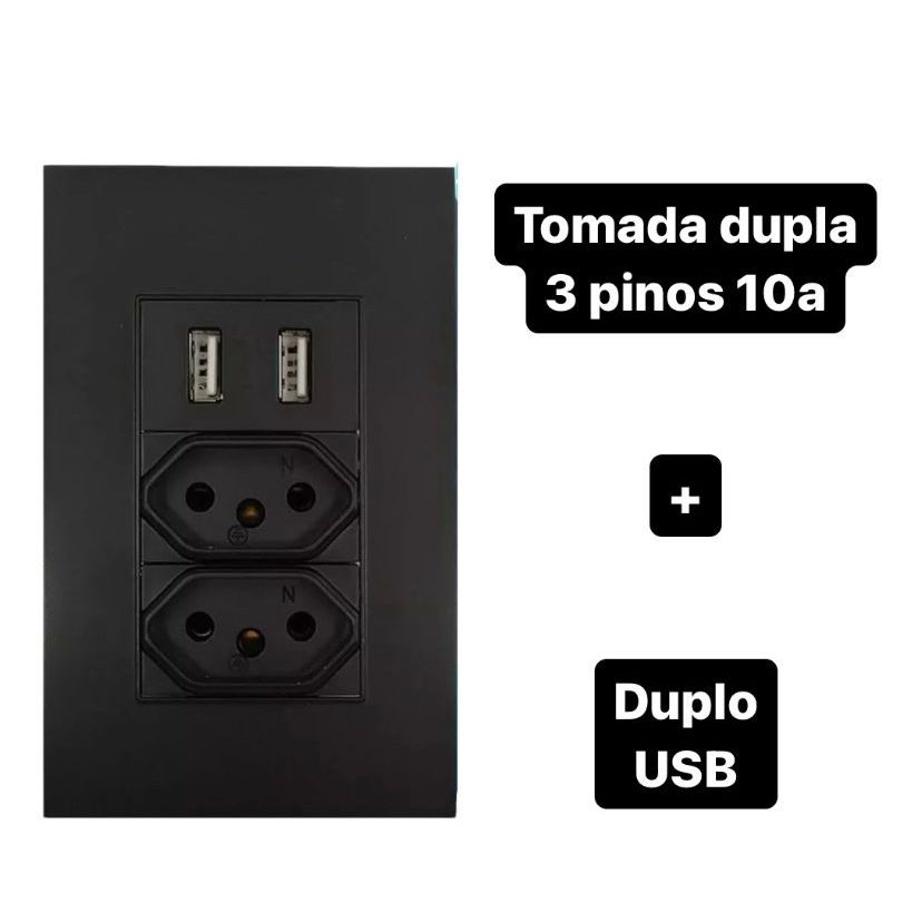 Tomada Dupla 3 Pinos Entrada Usb DUO PRETA LINHA PREMIUM 5V Bivolt - 4em1 Carregamento Rápido em Oferta na Shopee