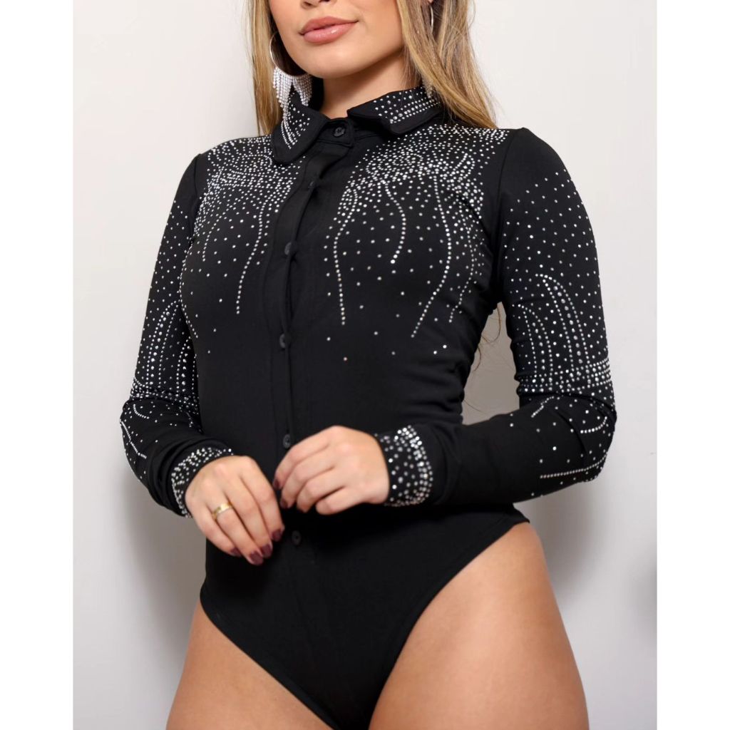 Body Brilho Country Manga Longa strass Pedraria com Botão Boiadeira Ana Castela Rodeio