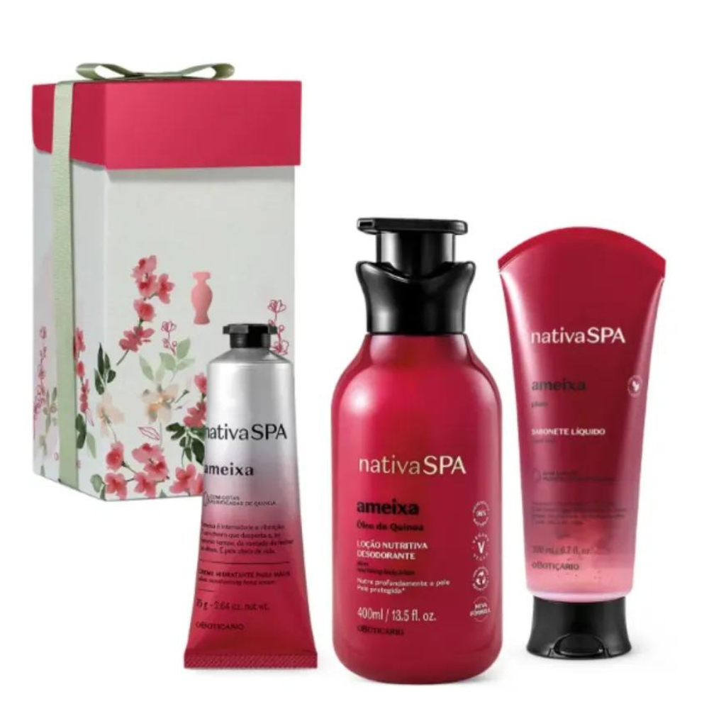 Kit Nativa SPA Ameixa = Hidratante Corporal + Sabonete Líquido + Hidratante para as mãos.
