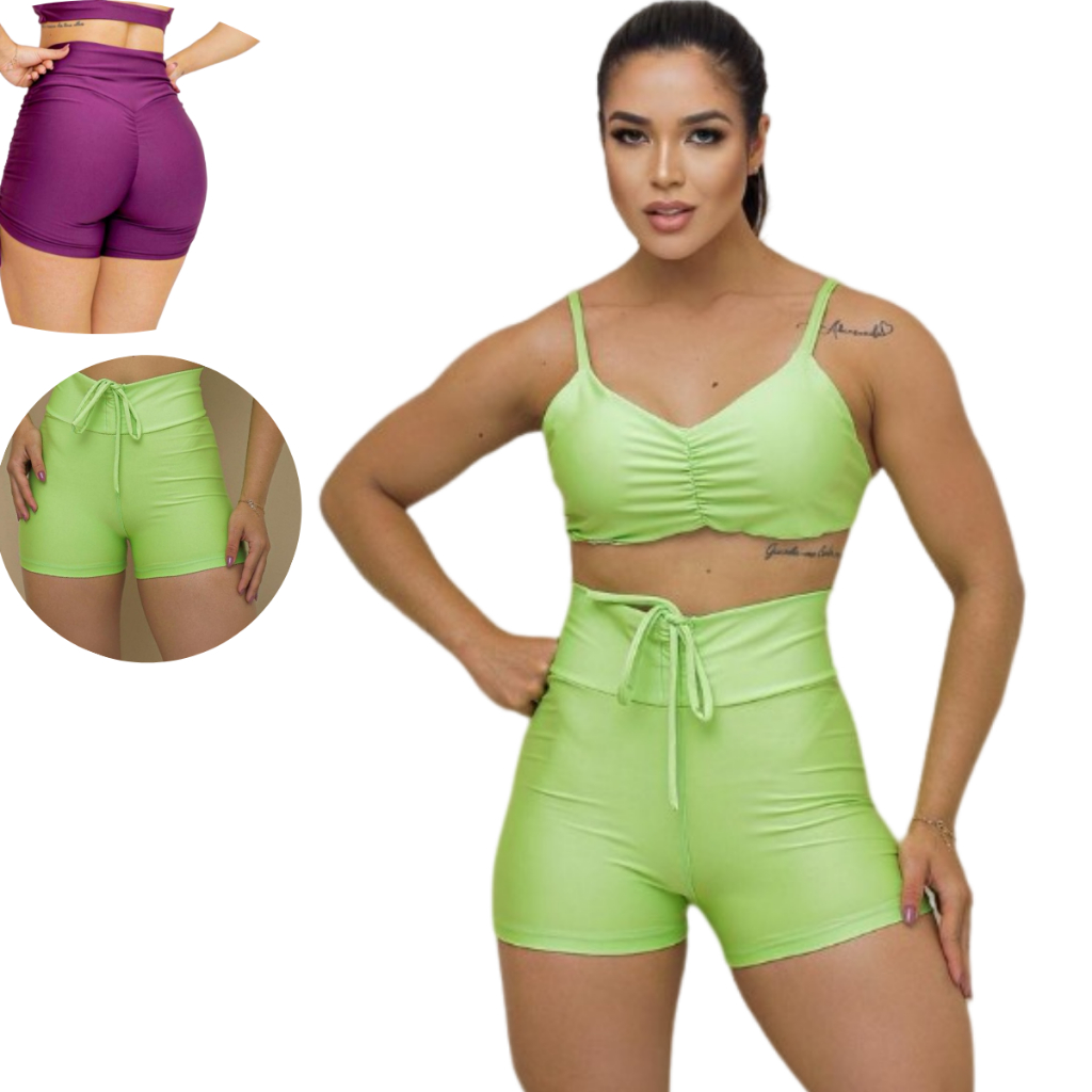 Short Levanta Bumbum Com Cordinha Bermuda Fitness Short Academia Feminino Corrida Caminhada Treino Suplex Linha Premium