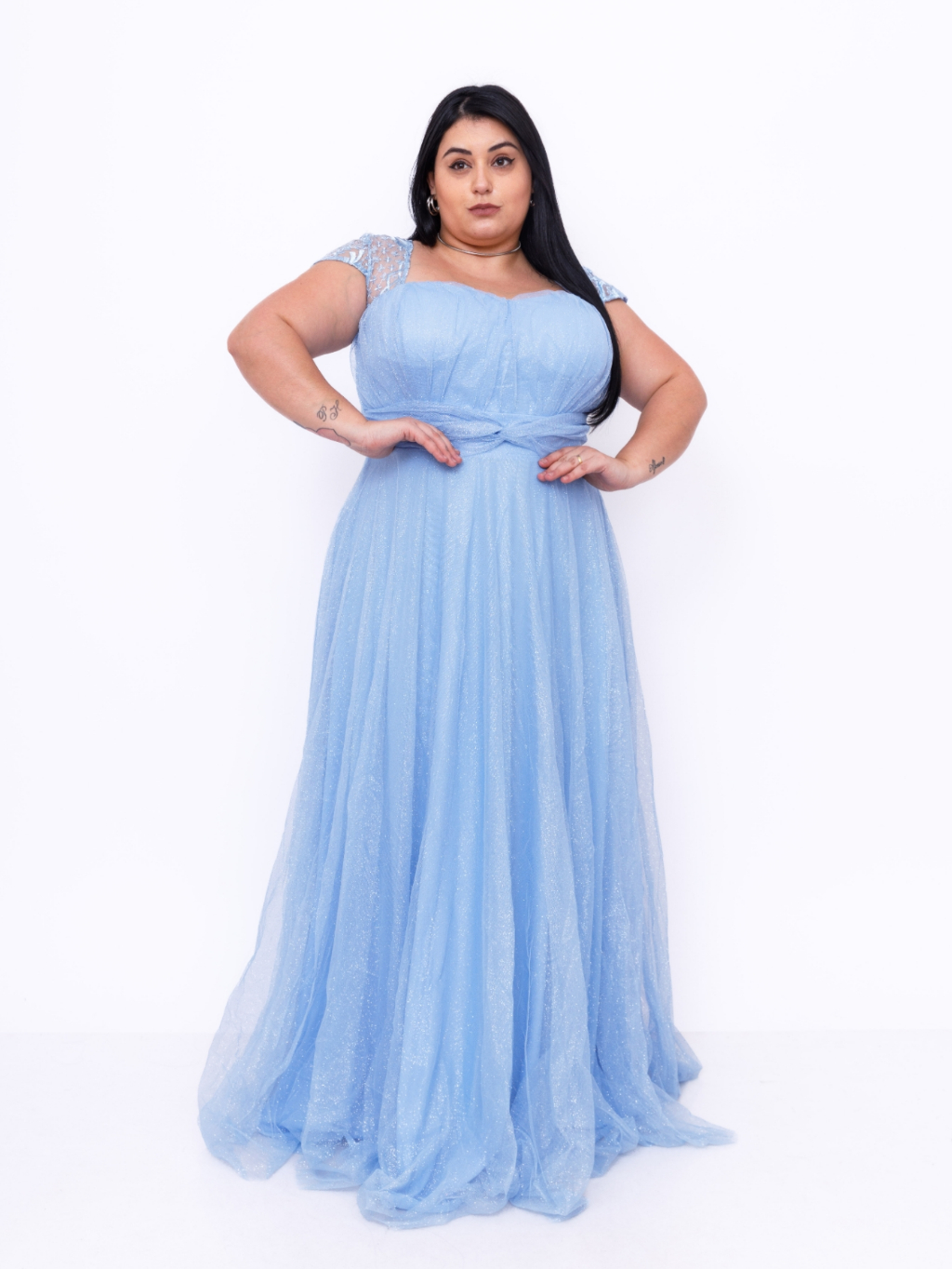 vestido longo de festa plus size tule tule brilho manga curto 0029