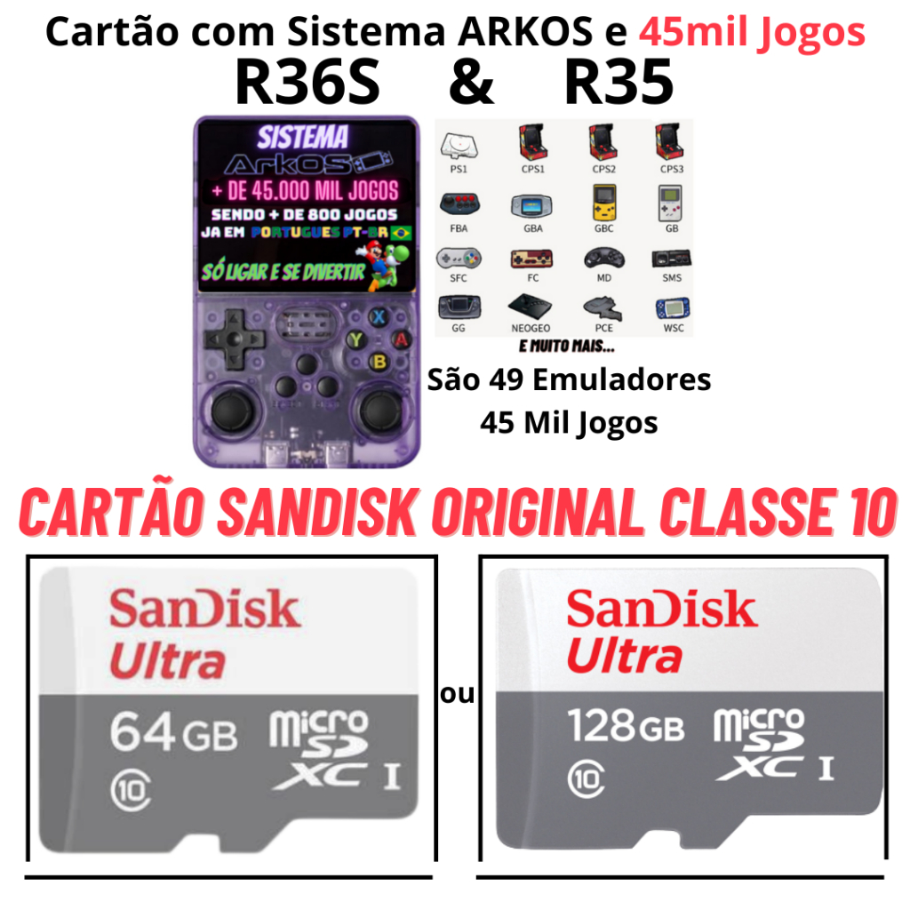 Cartão com Sistema e Jogos para R36s e R35 Cartão Sandisk Original Classe 10