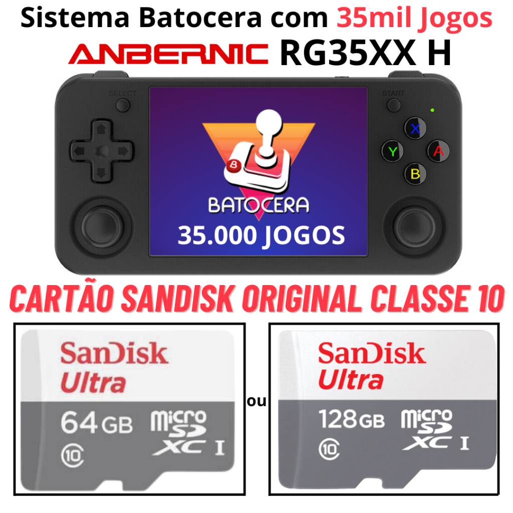 Cartão para Anbernic RG35xx H com Sistema Batocera + 35mil Jogos Cartão Sandisk Original Classe 10