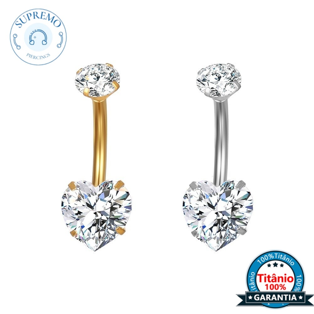 Piercing Umbigo Banana Titânio Pvd 2 Pedras Coração Zircônia Piercing de Umbigo em Titânio