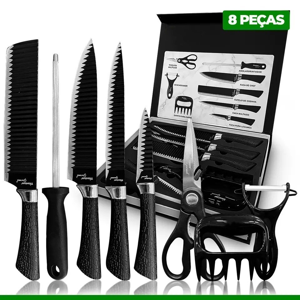 Kit Jogo De Faca Chef Profissional 8 Pçs Cozinha Churrasco Top