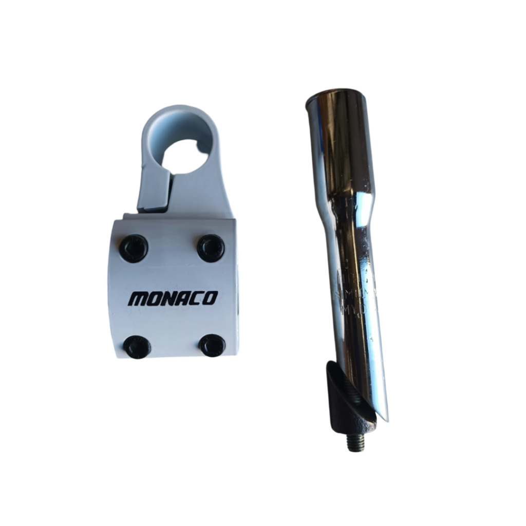 SUPORTE DE GUIDÃO CROSS ACTION 22.2MM ALUMINIO MONACO BRANCA + ADPTADOR DE MESA AÇO CROMADO 21,1 MM