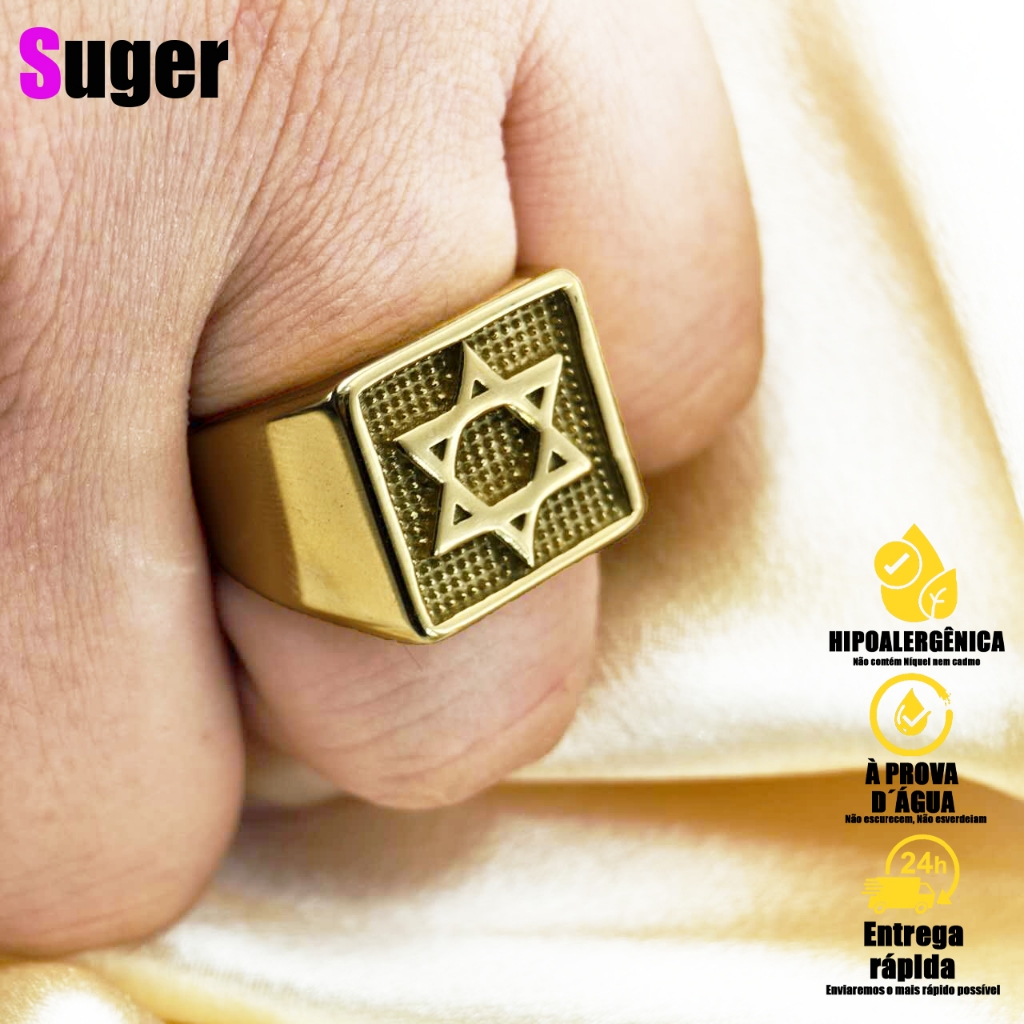 Anel de judaísmo Estrela De Davi Aço Garantia Dourado Nunca Sai A Cor