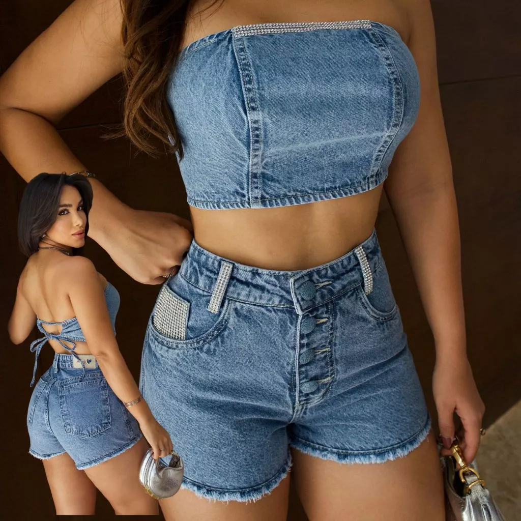Conjunto Jeans Feminino Cropped Top Short Manta Strass Prata Brilho Cintura Alta Premium Sem Laicra — imagem 1