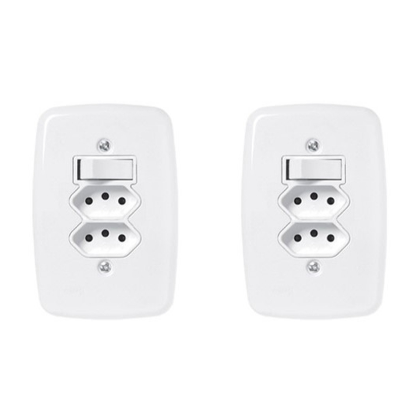 kit 02 Interruptor Apagador Simples + Tomada Dupla 10a Pluzie 4x2