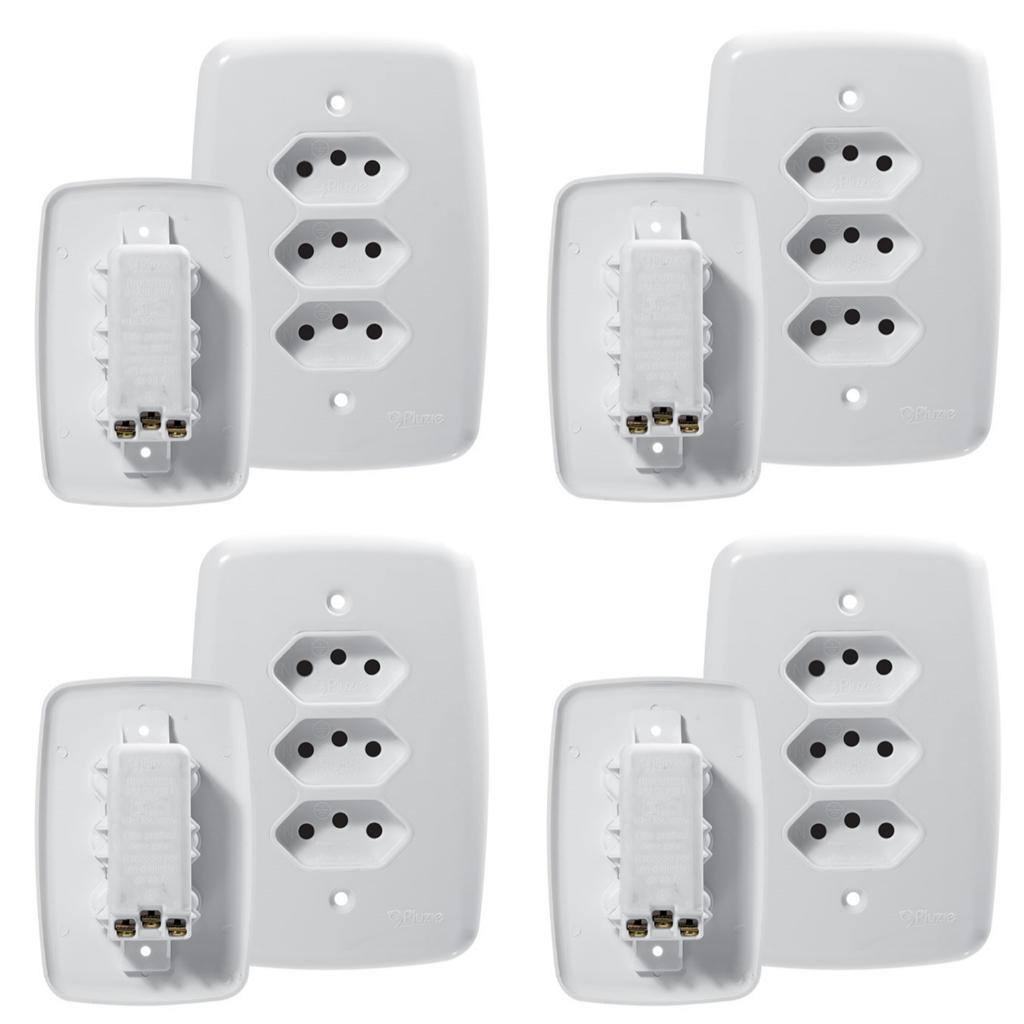 kit 04 Tomada Monobloco Tripla 10a Pluzie 4x2 Fácil Instalação