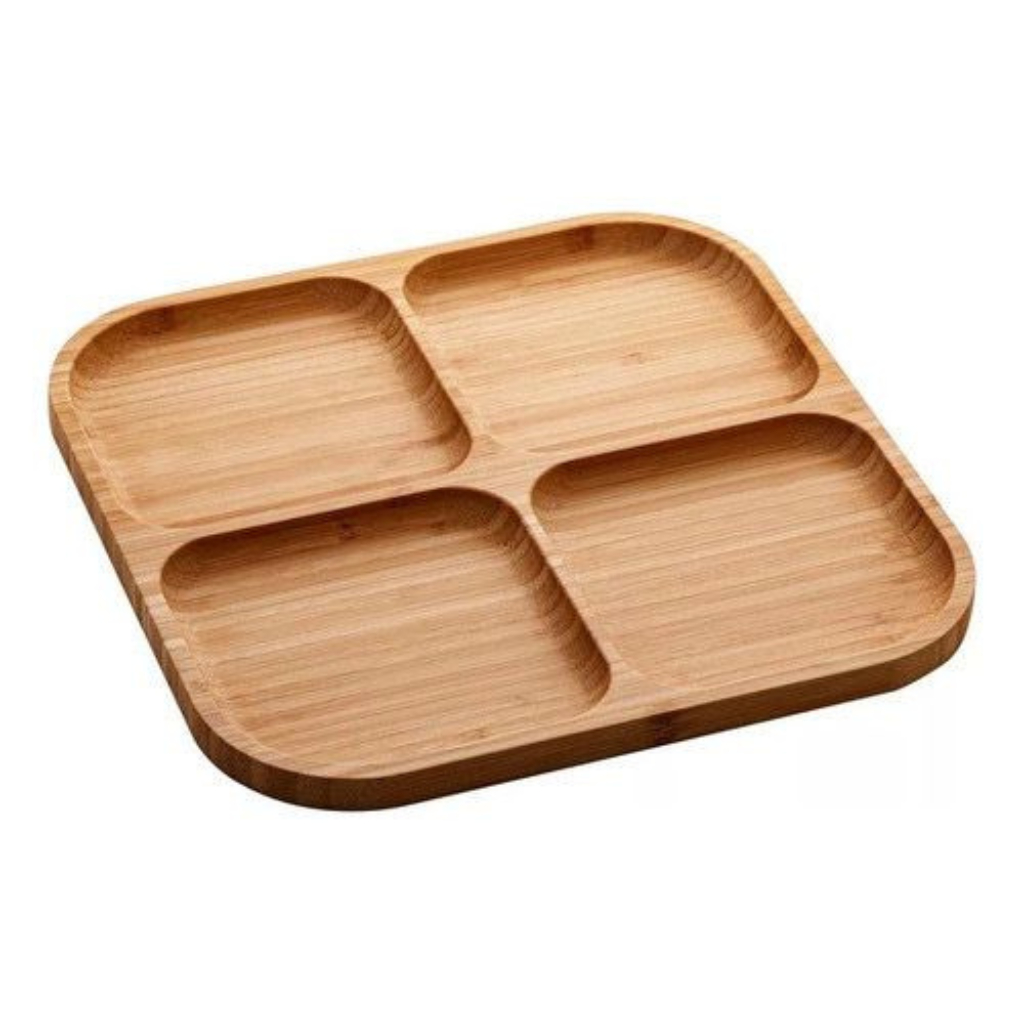 Petisqueira Grande 30cm Gamela Bambu Mesa Posta Quadrada Madeira 4 Divisórias Frios Queijo Petiscos