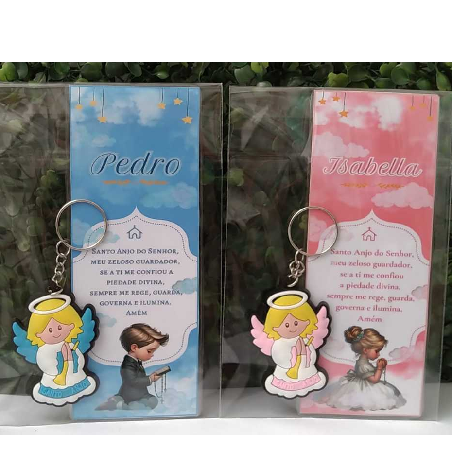 10 Lembrancinha batizado personalizada  marca página+chaveiro emborrachado oração santo anjo