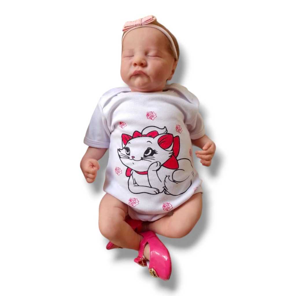 Conjunto 03 Peças - Body Gatinha Marrie + Sapatinho Laço Pink + Tiara Laço Algodão Roupa Para Bebê Menina Enxoval Verão