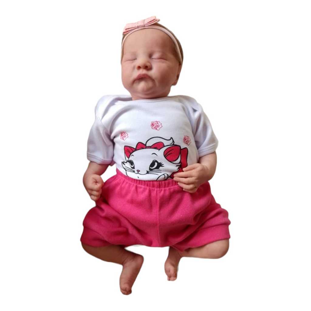 Conjunto 03 Peças - Body Gatinha Marrie + Short Pink + Tiara Laço Algodão Roupa Para Bebê Menina Enxoval Verão