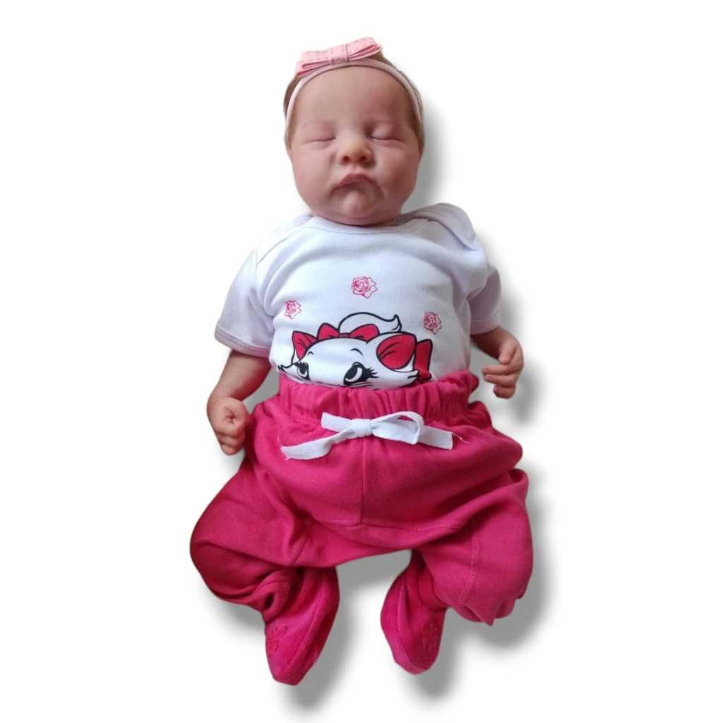 Conjunto 04 Peças - Body Gatinha Marrie + Calça Saruel Pink + Tiara Laço + Sapatinho Algodão Roupa Para Bebê Menina Enxoval Verão