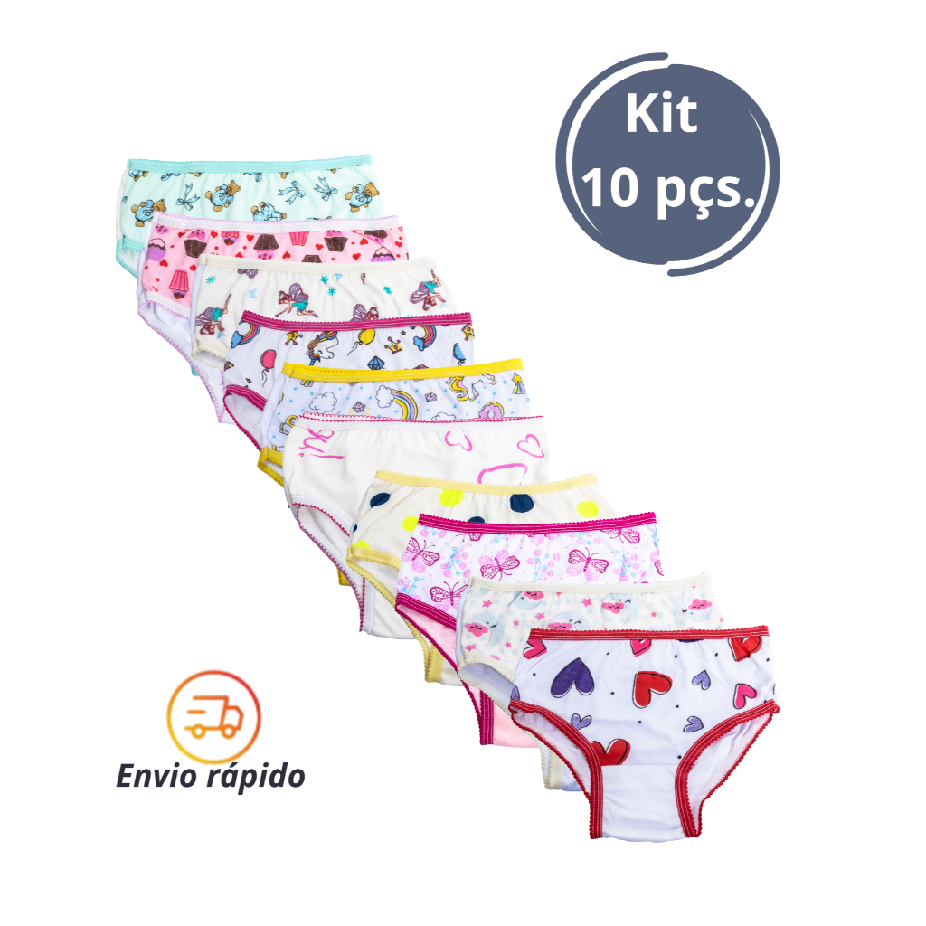 Kit 10 Calcinha 100%  Algodão Infantil com  Forro e Estampas na Frente Cores Sortidas