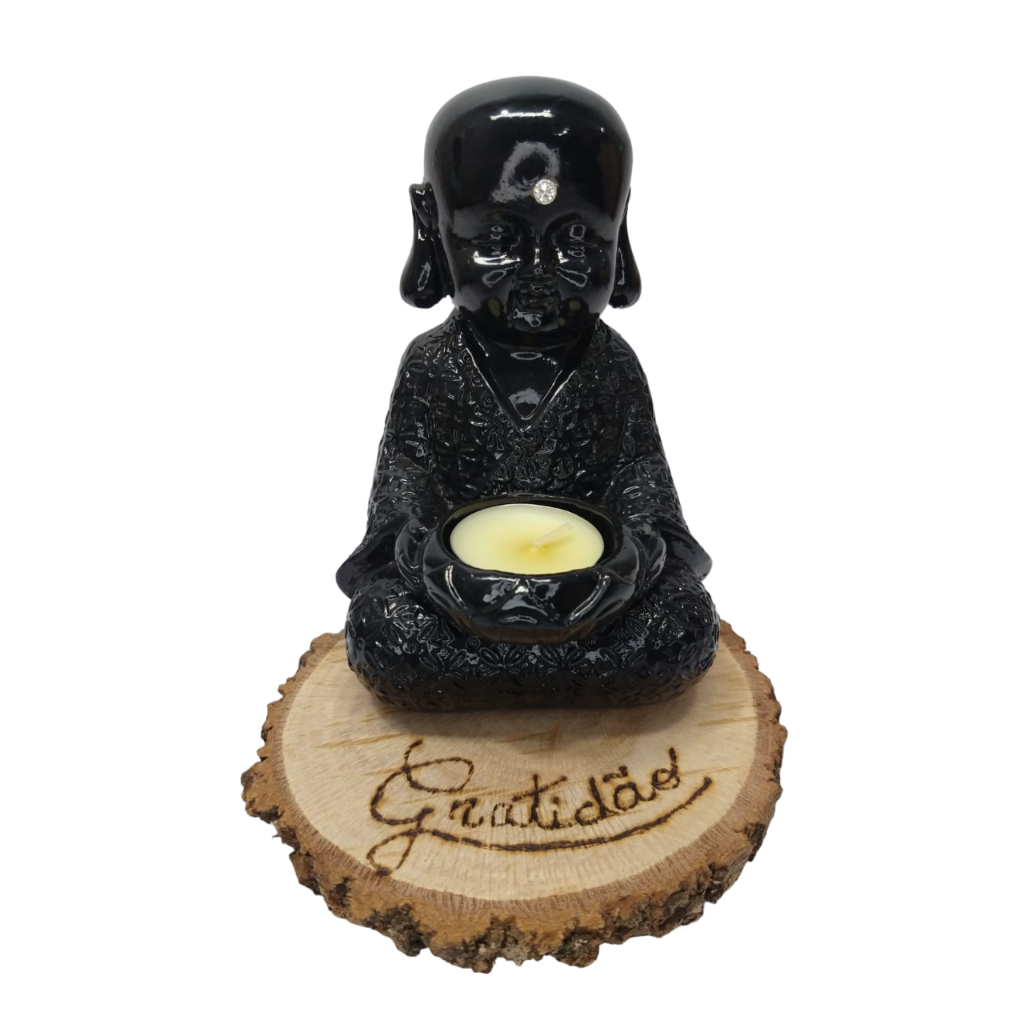 Porta Vela Buda Monge + Bolacha Madeira Rústica Decoração