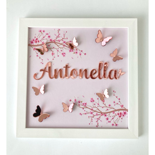 Quadro decoração Moldura parede ou porta maternidade menina nome bebê acrilico apliques borboleta 3D em Oferta na Shopee