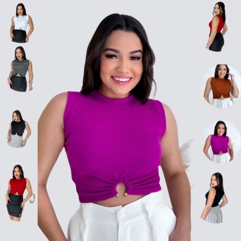 Blusa Blusinha Cropped com Argolinha na Frente Gola Redonda Tecido Canelado Must-Have Moda Top