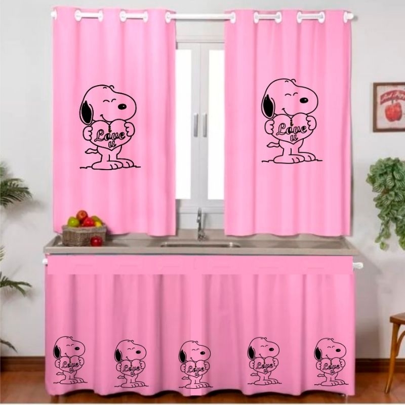 KIT CORTINA DE COZINHA SNOOPY ROSA BEBÊ – CORTINA DE JANELA + CORTINA DE PIA | DECORAÇÃO COZINHA
