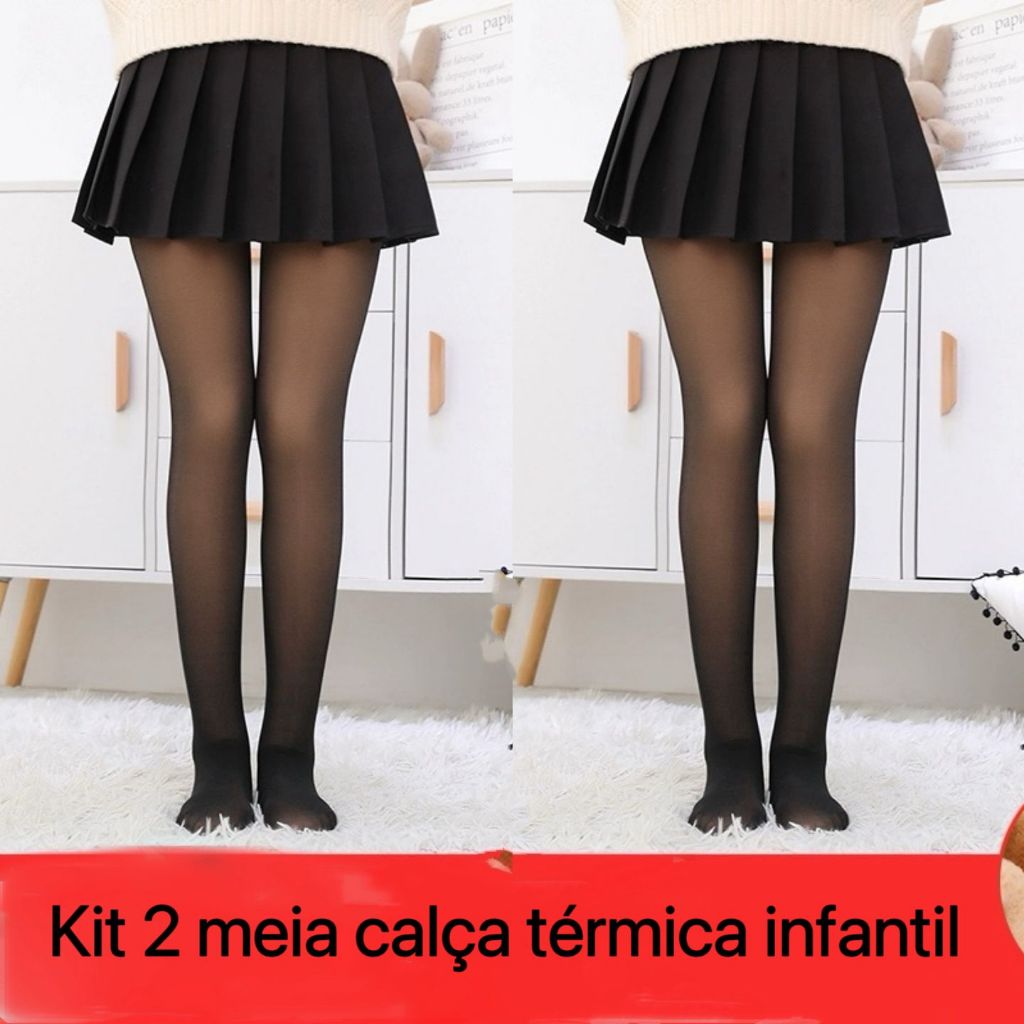 KIT 2 Meia Calça Térmica Forrada Peluciada Translúcida de Lã Infantil Super Elástica Slim 3-16ANOS