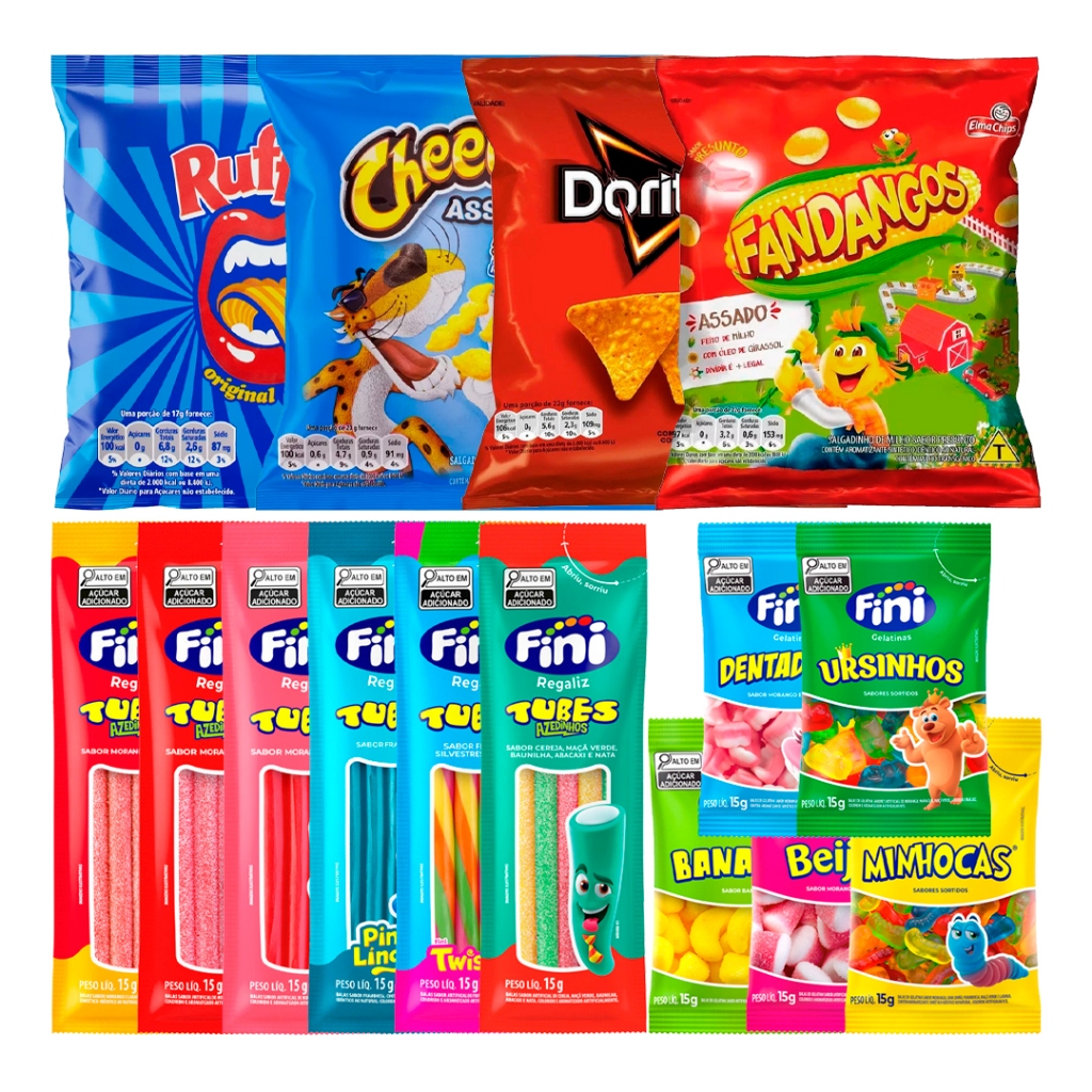 Kit 30 Salgadinhos Elma Chips + 30 Pacotes Bala Fini