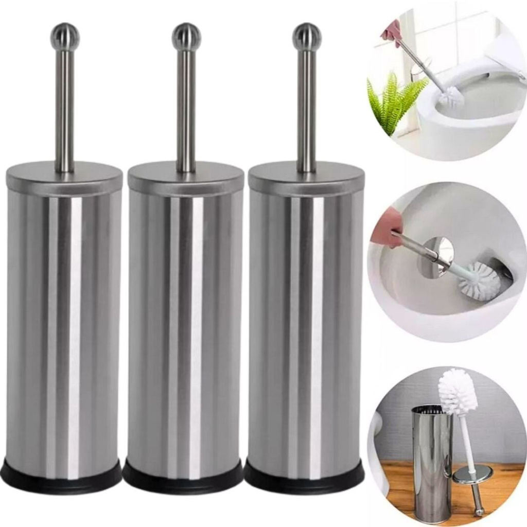 3 Escova Sanitária Aço Inox Limpar Vaso Vassoura Banheiro Base Tampa Metal