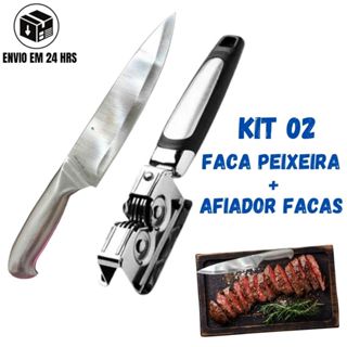 Conjunto 2 Peças Faca Peixeira 7" Inteiriça Aço Escovado + Afiador Amolador de Facas e Tesouras Profissional Inox em Oferta na Shopee