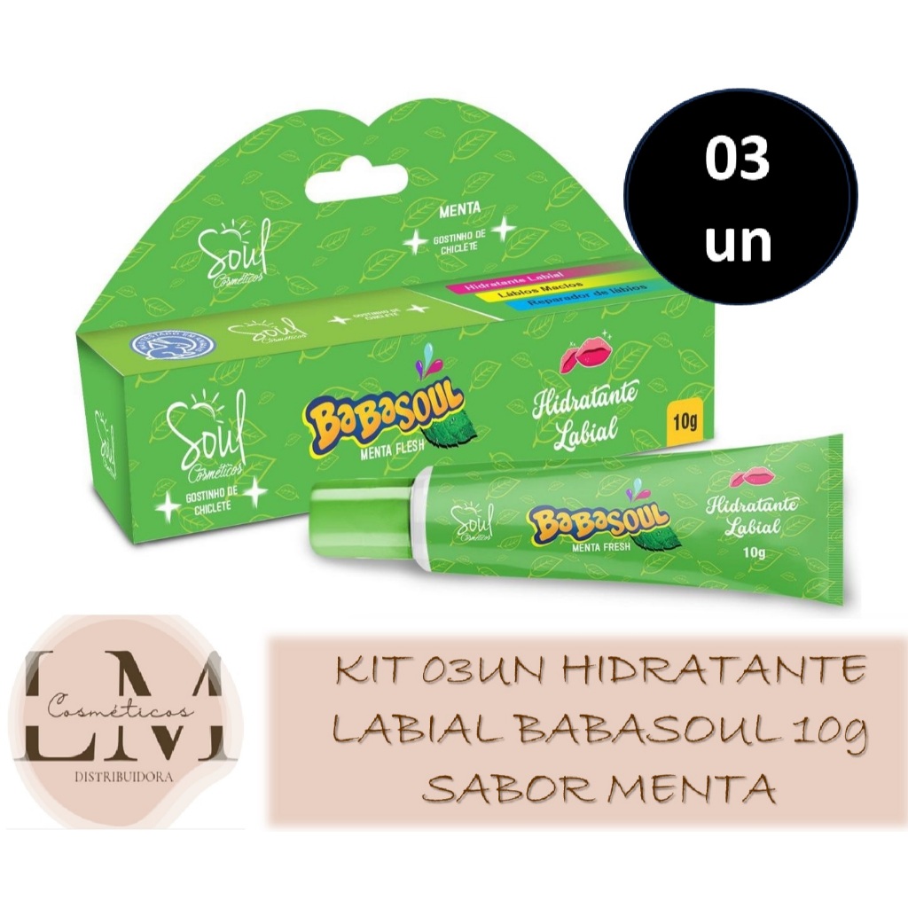 Kit 03un Hidratante Labial Gostinho de Chiclete Menta Fresh Babasoul Soul Cosméticos 10g